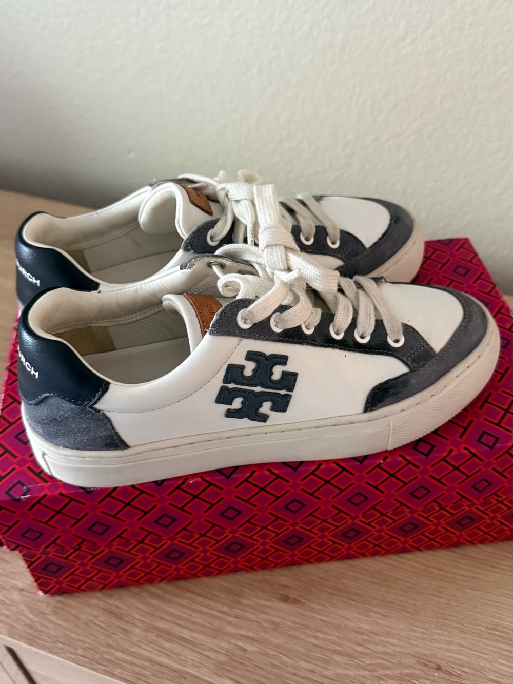 Tory Burch White and Navy Logo Sneakers